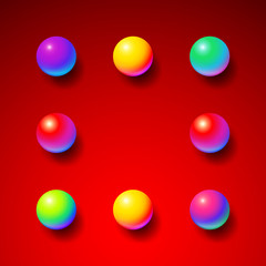 Abstract background frame with shiny memphis acid colored balls over red hot backdrop
