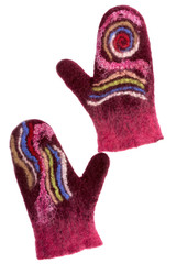 Mitten made of felted wool on a white background