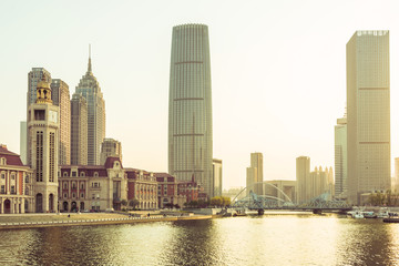 Fototapeta na wymiar Tianjin city waterfront downtown skyline over Haihe river,China.