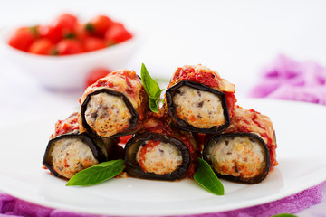 Eggplant (aubergine) rolls with meat in tomato sauce. Flat lay. Top view