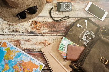 Traveler items vacation travel accessories holiday long weekend day off travelling stuff equipment background view concept