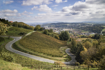 Overlooking the mountains, winding roads, vineyards and residential areas