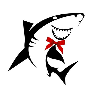 Smiling Shark with red bow mascot sport symbol. Vector Illustration isolated on white background. 
