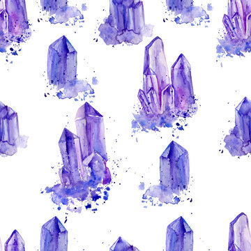 Watercolor purple crystals amethyst cluster hand drawn painting illustration isolated on white backdrop, seamless pattern tanzanit gem stones for design fashion advertising, geological logo, jewelry