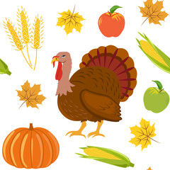 Seamless pattern with the image of turkey, pumpkin, corn, wheat ears, apples and autumn foliage, by Thanksgiving Day.