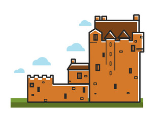 Ancient castle Scotland travel tourism landmark and famous tourist attraction vector icon