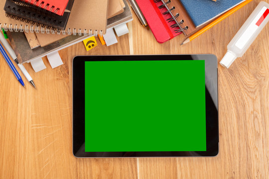 Top view of the table with office accessories