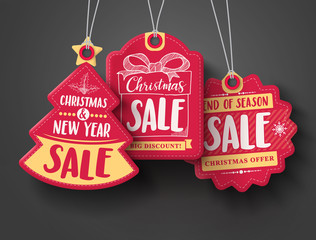 Red Christmas sale paper tags vector set with different shapes and hand drawn elements in red color hanging with discount text for christmas holiday shopping promotion. Vector illustration.
