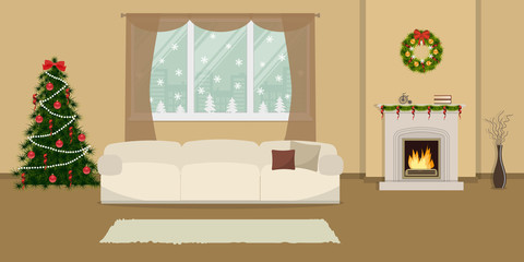 Living room, decorated with Christmas decoration. The room has a fireplace, a white sofa with a pillows, home decor items and a Christmas tree on a window background. Vector flat illustration.