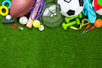 Various sport tools on grass