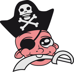 gesicht kopf pirat seeräuber bandit böse räuber säbel augenklappe hut matrose kapitän schiff boot meer sitzend klein süß niedlich windel kind baby comic cartoon