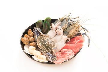 Fresh seafood in plate on white background