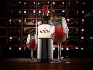 Wine bottle and glasses on winery table. 3D illustration