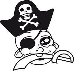 gesicht kopf pirat seeräuber bandit böse räuber säbel augenklappe hut matrose kapitän schiff boot meer sitzend klein süß niedlich windel kind baby comic cartoon