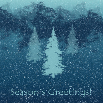 wishes, greetings, seasonal, feast, festive, festivity, cMountains and pine trees in snowfall illustrated seasonal greetings card
