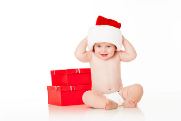 Cute Baby Santa with red gift boxes