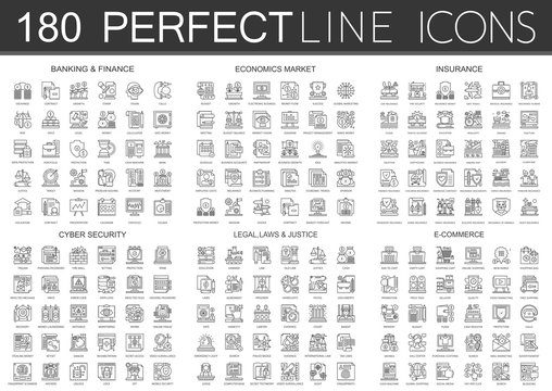 180 outline mini concept infographic symbol icons of finance banking, economics market, imsurance, cyber security, legal laws and justice, e-commerce.