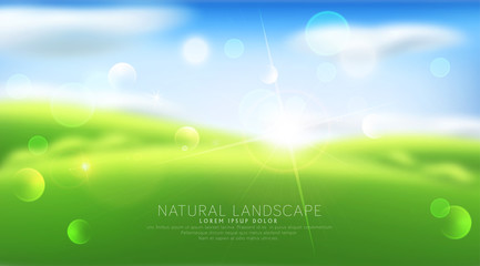 Fototapeta na wymiar Vector abstract background with blur. Green grass, sky, clouds, sun. Template for modern design, advertising.