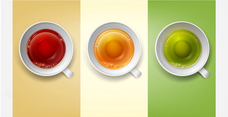 Vector set with cups of tea (green, black, herbal) isolated on a colorful background. Element for design, advertising, packaging