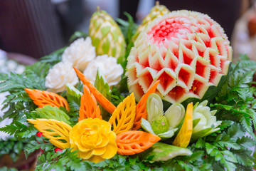 Thai traditional food decoration culture fruit carved shape beautiful flowers