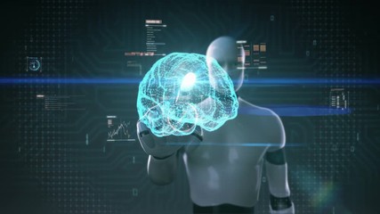 Robot, cyborg touching digital brain, Dots connected Brain shape, digital lines in digital display interface, grow future artificial intelligence.1.