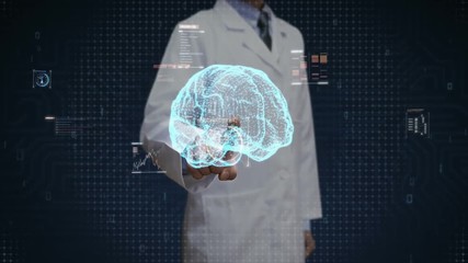 Scientist, engineer touching digital brain, Dots connected Brain shape, digital lines in digital display interface, grow future artificial intelligence.