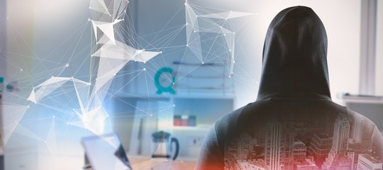 Composite image of rear view of spy in hoodie