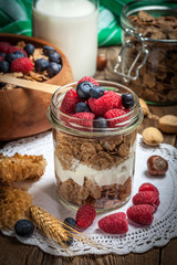 Tasty breakfast with milk and fruit.