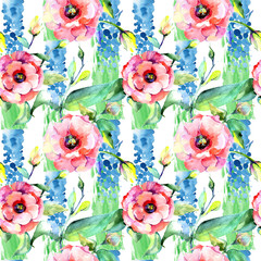 Fototapeta premium Wildflower eustoma flower pattern in a watercolor style. Full name of the plant: eustoma. Aquarelle wild flower for background, texture, wrapper pattern, frame or border.