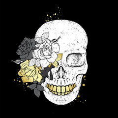 Stylish skull with beautiful roses. Fashion & Style. Vector illustration for a postcard or a poster, print for clothes.