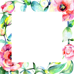 Wildflower eustoma flower frame in a watercolor style isolated. Full name of the plant: eustoma. Aquarelle wild flower for background, texture, wrapper pattern, frame or border.