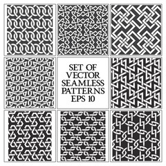 Set of monochrome seamless patterns. Swatches of abstract repeatable backgrounds.