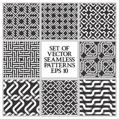 Set of monochrome seamless patterns. Swatches of abstract repeatable backgrounds.