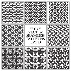 Set of monochrome seamless patterns. Swatches of abstract repeatable backgrounds.