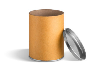 Open round cardboard box with clipping paths