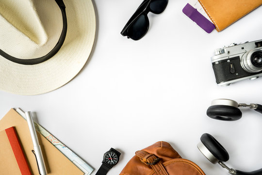 Top View Of Travel Accessories On White Table, Modern Vintage Items Concept With Copy Space