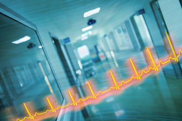 ECG line and hospital corridor, concept, of an emergency care