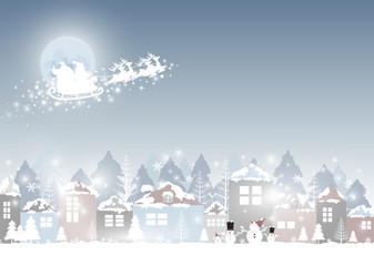 Christmas and New year design of santa claus with reindeer and village in winter
