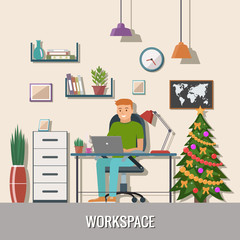 Man vector character working in the office or home.  Freelance work. Christmas workspace vector illustration.
