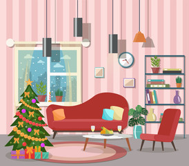 Christmas room interior. Christmas tree in the cozy living room. Flat design.