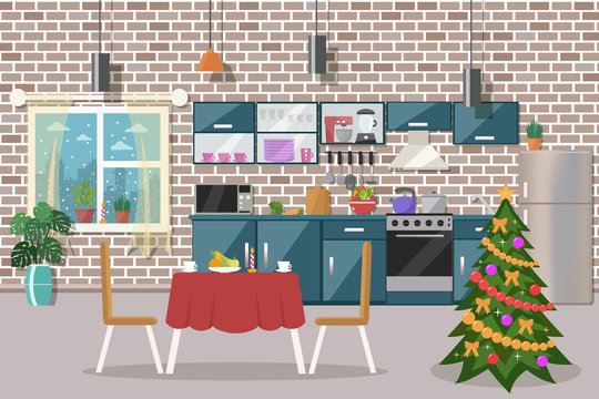 Christmas kitchen interior. Flat design