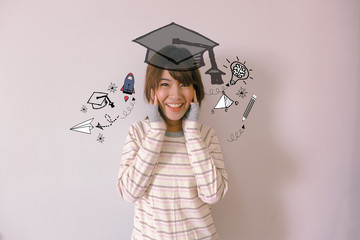 Education and graduation Concept. Young asian woman college student smiling happily with education and learning illustration doodles background