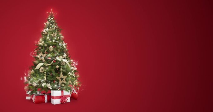 Looping lights decorated xmas tree with gift boxes and magic lights on red background with text space to place logo or copy. Animated abstract Christmas present greeting post card. 4k loop video
