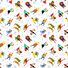 Shopping people seamless pattern. Christmas sale background.  Group of people in rush time in winter hilidays eve