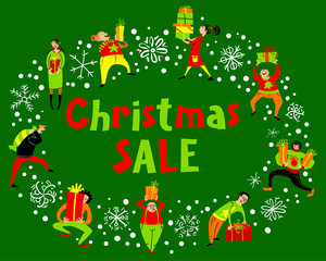 People with Christmas gifts. Christmas sale lettering. Group of people in rush time in winter holidays eve.
