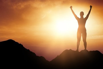 Composite image of cheerful woman with arms raised while - Powered by Adobe