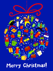 Christmas card with shopping people. Winter seasonal greeting poster with gift boxes.