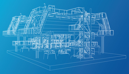 Wire-frame Oil and Gas industrial equipment. Tracing illustration of 3d.