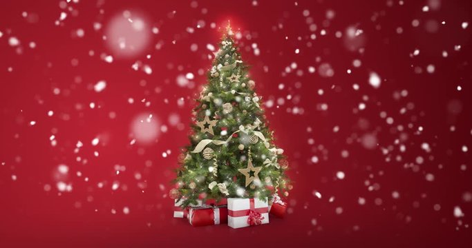 Looping lights decorated xmas tree with gift boxes on red background and snow flakes falling with text space to place logo or copy. Animated abstract Christmas present card. 4k seamless loop video