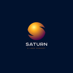 The letter S as an orange planet. S letter. S monogram. Saturn planet emblem.